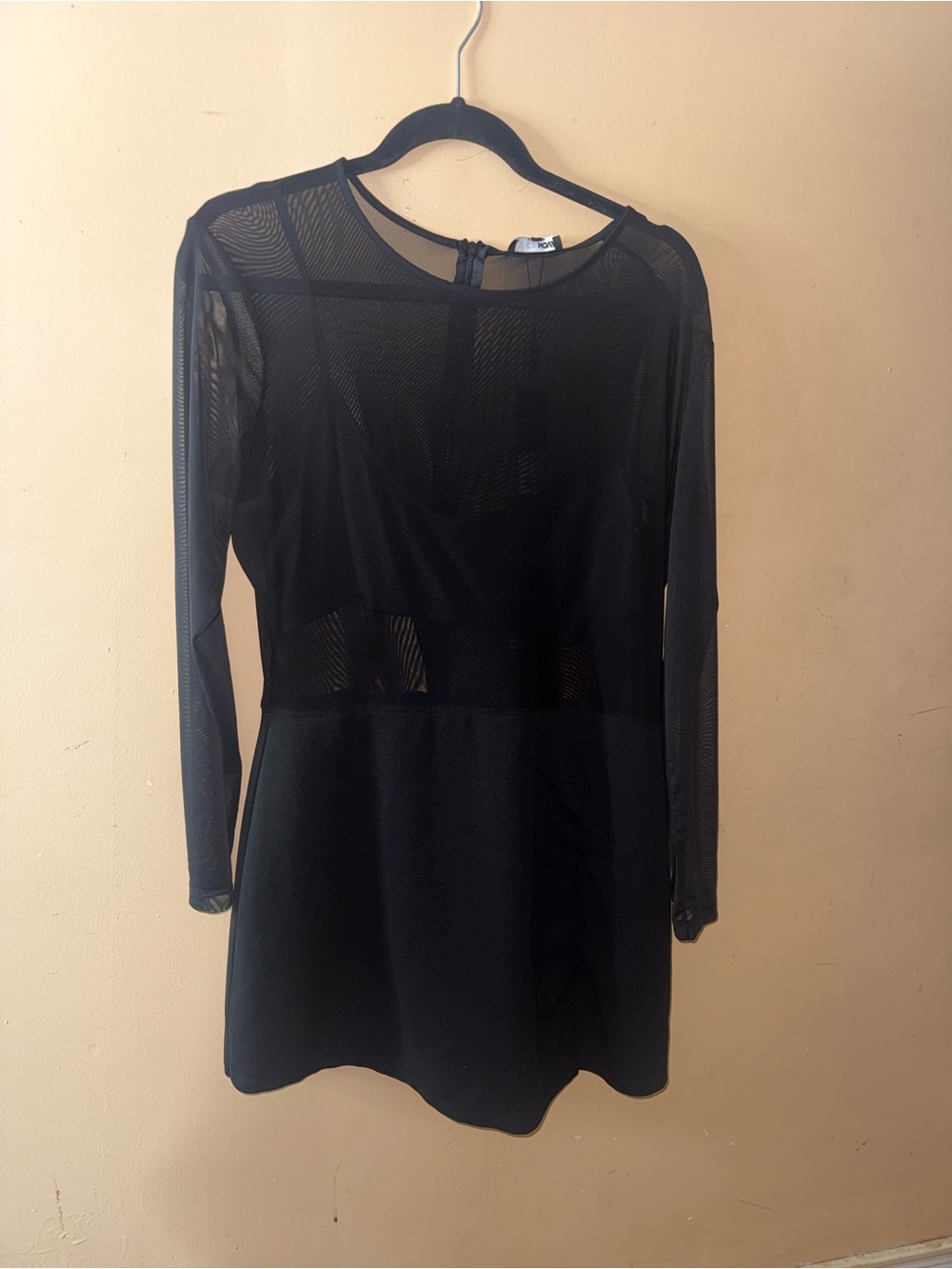 Fashion Nova Black Sheer-Panel Long Sleeve Mini Romper